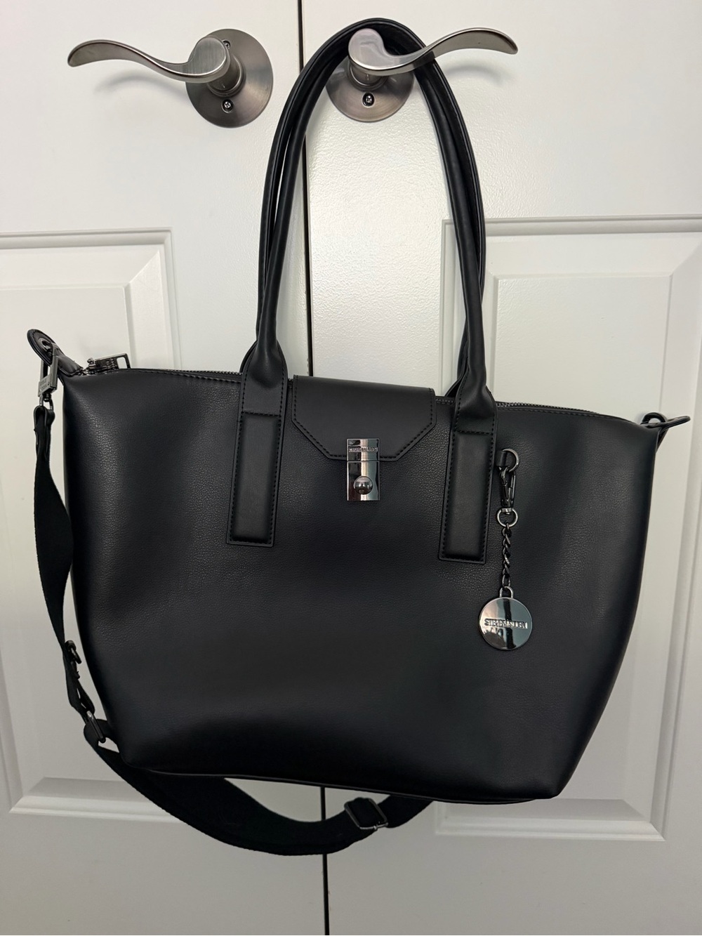 Steve Madden Black Faux-Leather Tote with Detachable Strap